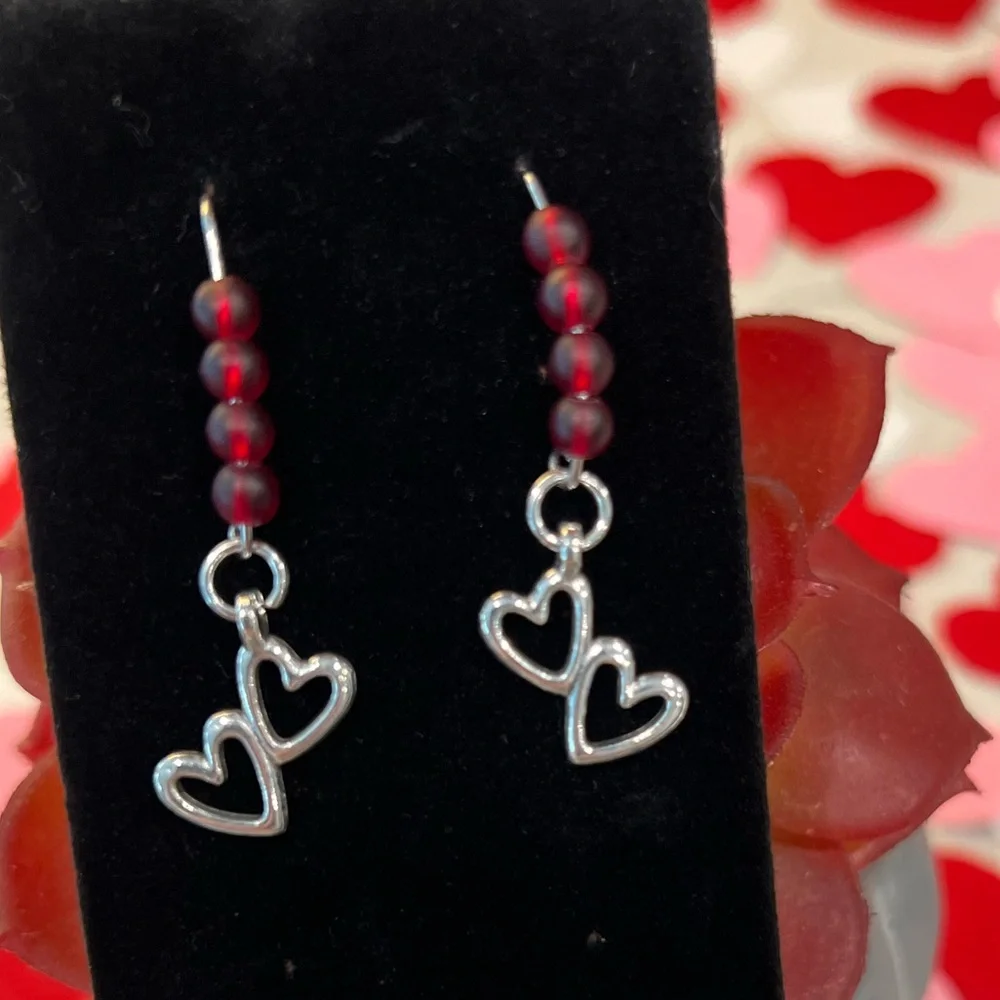 NWOT - Silver Double Heart Dangle Earrings with Burgandy Beads